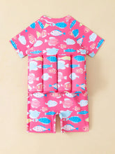 1pc Young Girl Cartoon Fish Print Short Sleeve Jumpsuit With Shorts, For Vacation